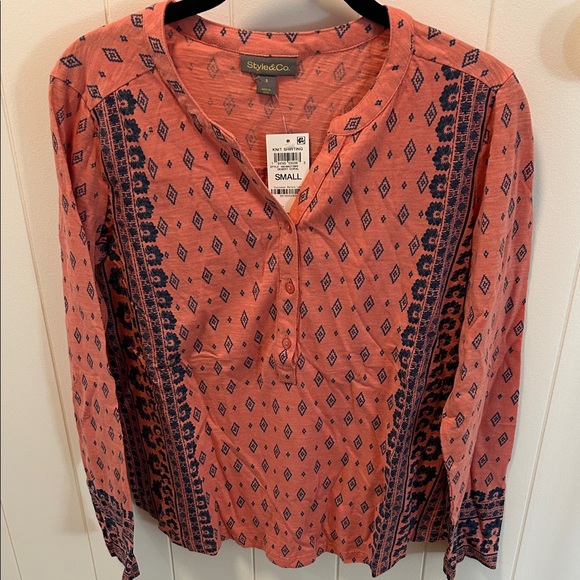 Style & Co. Tops - Style & Co. Women's Coral and Navy Geometric Blouse